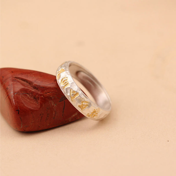 Anillo de la riqueza de plata bañada en cobre con diseño de martillo de Buddha Stones y Om Mani Padme Hum - image 15