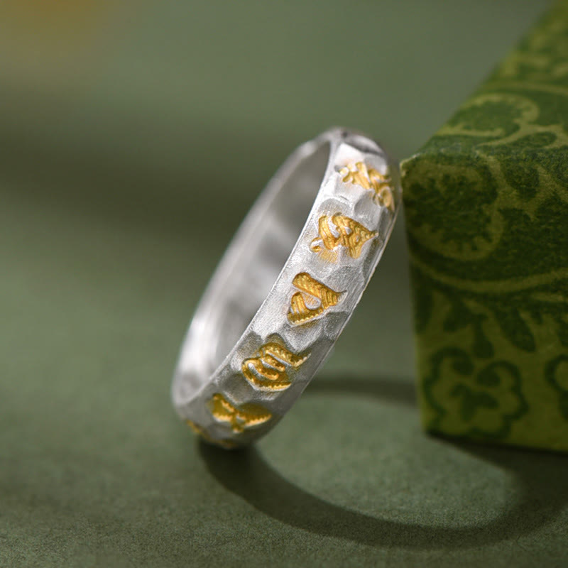 Anillo de la riqueza de plata bañada en cobre con diseño de martillo de Buddha Stones y Om Mani Padme Hum - image 11