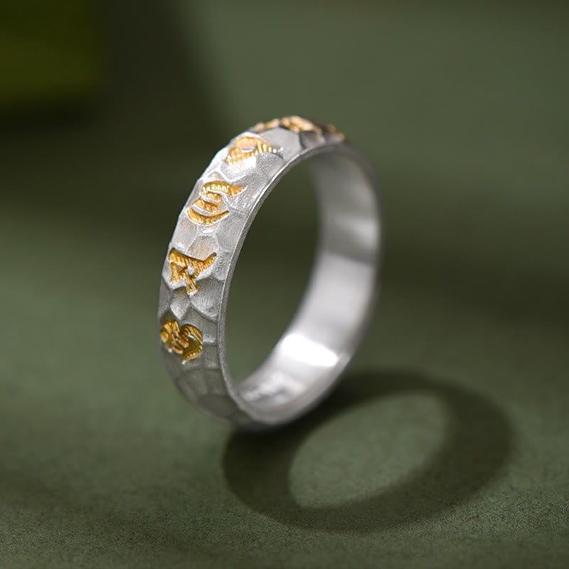 Anillo de la riqueza de plata bañada en cobre con diseño de martillo de Buddha Stones y Om Mani Padme Hum - image 2