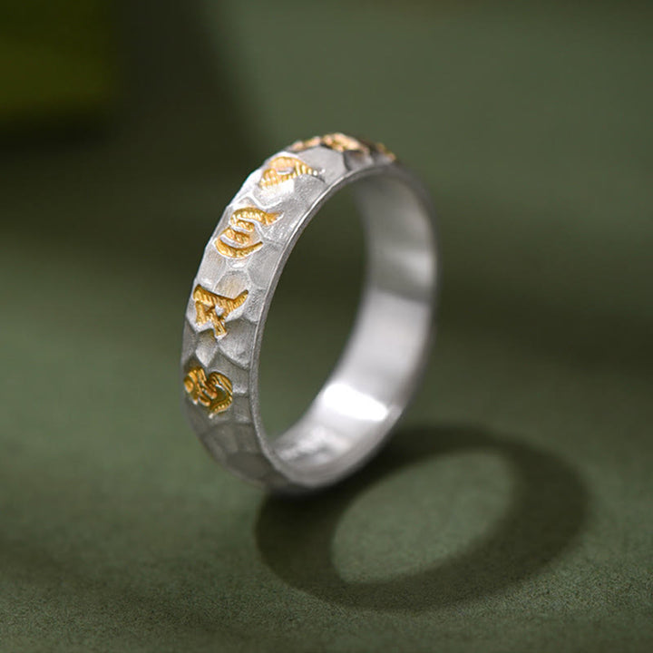 Anillo de la riqueza de plata bañada en cobre con diseño de martillo de Buddha Stones y Om Mani Padme Hum - image 2