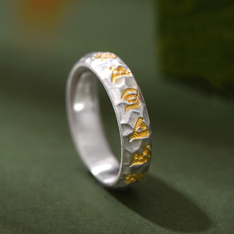 Anillo de la riqueza de plata bañada en cobre con diseño de martillo de Buddha Stones y Om Mani Padme Hum - Cobre - image 1