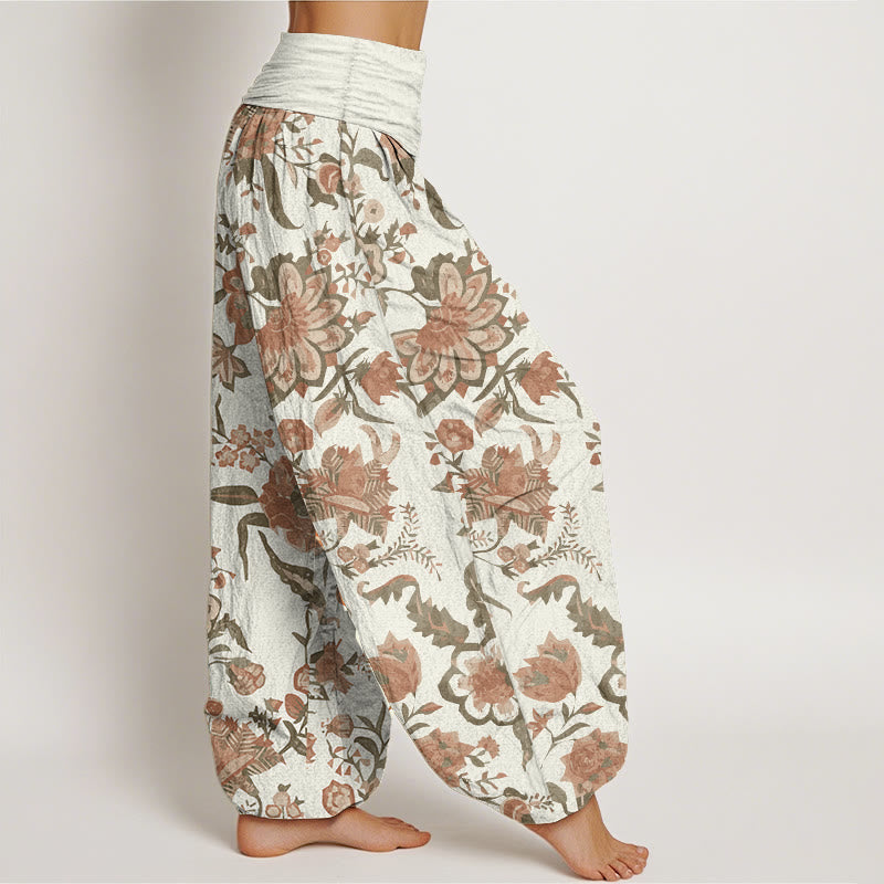Pantalones harén de algodón puro con estampado de girasoles y cintura elástica para mujer de Buddha Stones