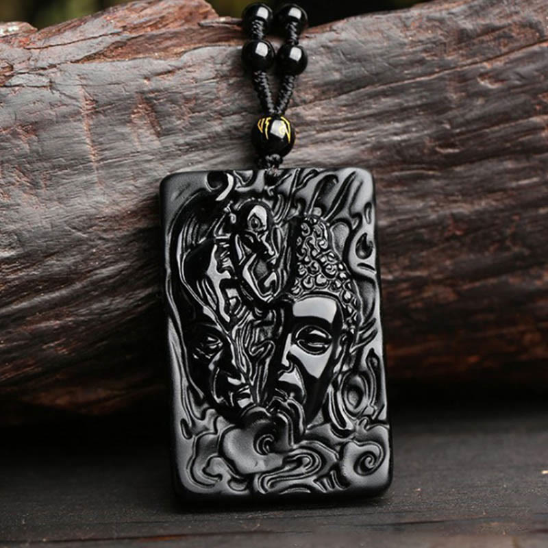 Collar con colgante de fuerza con diseño de Buddha Stones, obsidiana negra natural y patrón de diablo - Colgante de Buda Diablo + Cadena de Cuentas - image 1