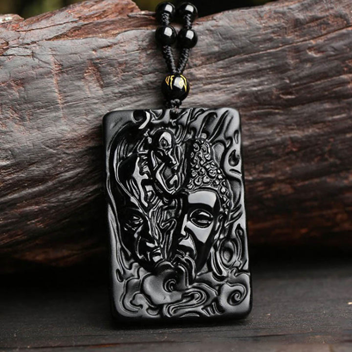 Collar con colgante de fuerza con diseño de Buddha Stones, obsidiana negra natural y patrón de diablo - Colgante de Buda Diablo + Cadena de Cuentas - image 1