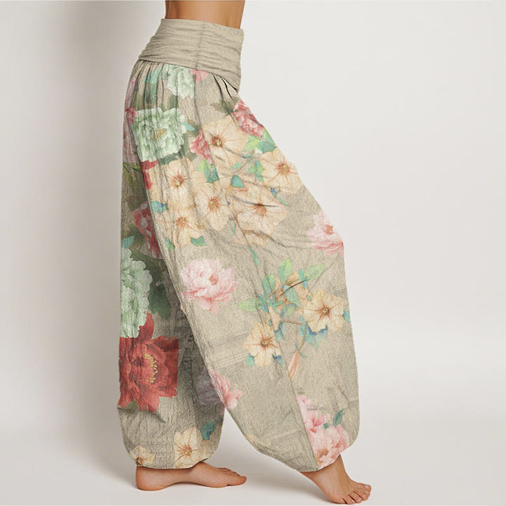 Pantalones Buddha Stones de algodón puro con estampado de peonías y cintura elástica para mujer