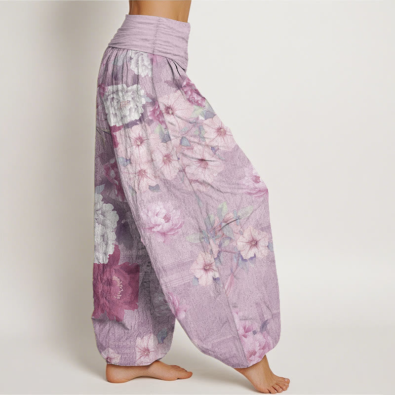 Pantalones Buddha Stones de algodón puro con estampado de peonías y cintura elástica para mujer