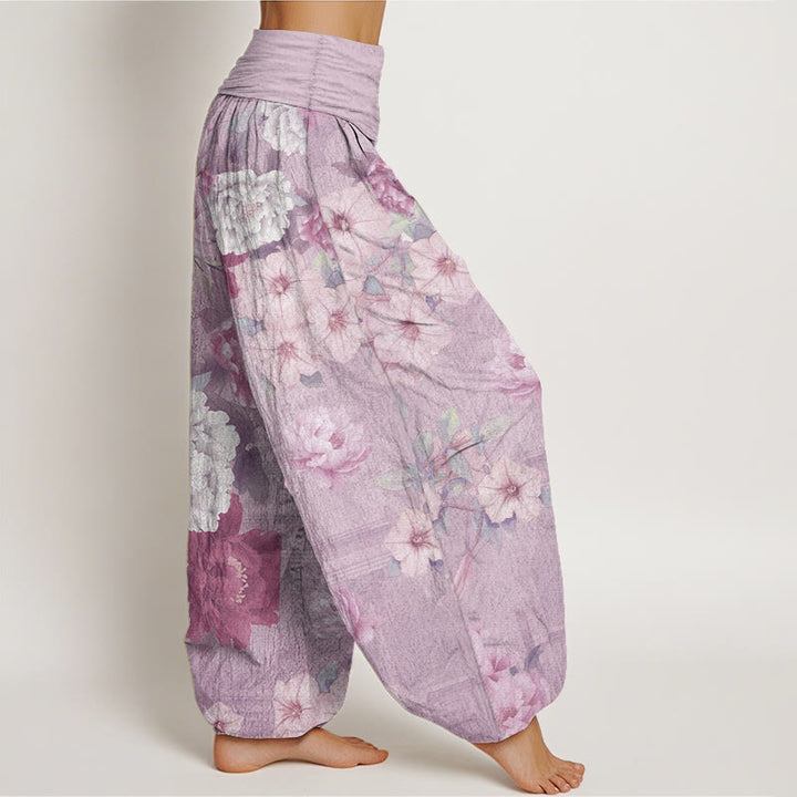 Pantalones Buddha Stones de algodón puro con estampado de peonías y cintura elástica para mujer