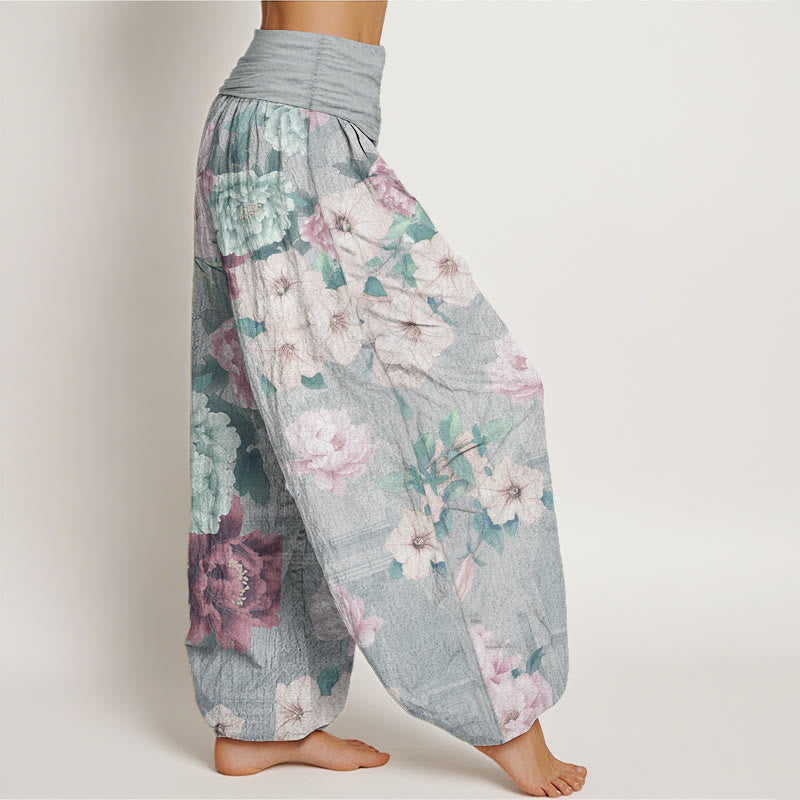 Pantalones Buddha Stones de algodón puro con estampado de peonías y cintura elástica para mujer