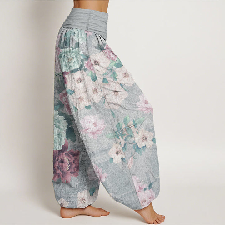 Pantalones Buddha Stones de algodón puro con estampado de peonías y cintura elástica para mujer