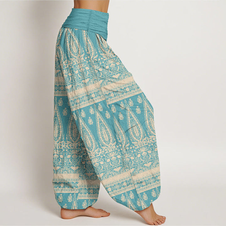 Pantalones harén de Buddha Stones puro con diseño de rayas y plumas para mujer, cintura elástica