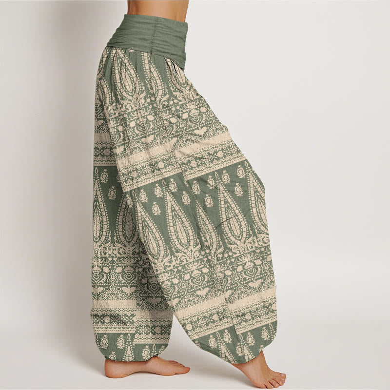 Pantalones harén de Buddha Stones puro con diseño de rayas y plumas para mujer, cintura elástica