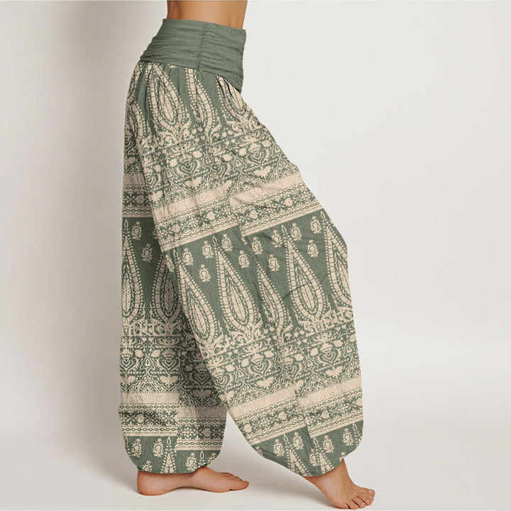 Pantalones harén de Buddha Stones puro con diseño de rayas y plumas para mujer, cintura elástica