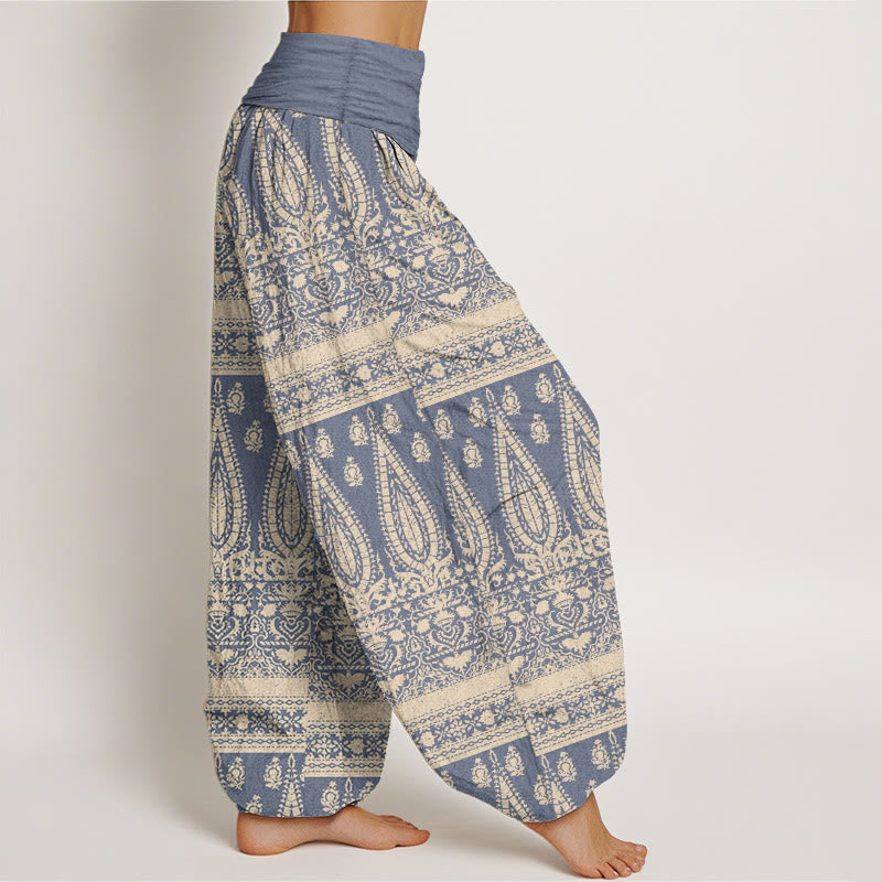 Pantalones harén de Buddha Stones puro con diseño de rayas y plumas para mujer, cintura elástica