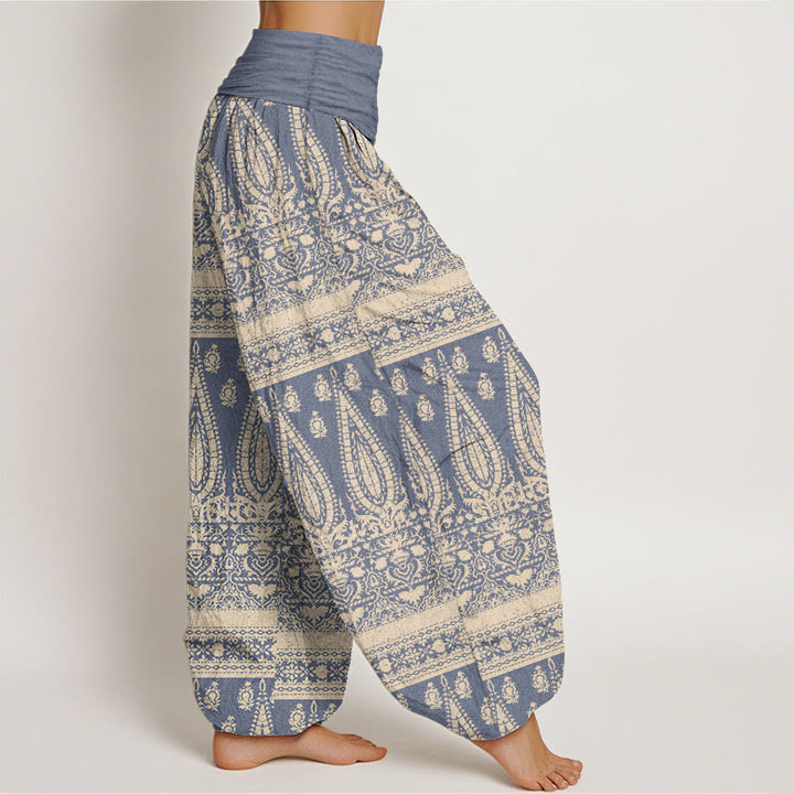 Pantalones harén de Buddha Stones puro con diseño de rayas y plumas para mujer, cintura elástica