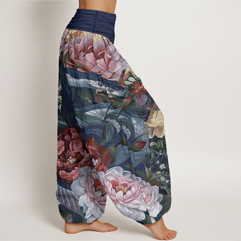 Pantalones harén de algodón puro con estampado de flores de peonía y serpiente para mujer, cintura elástica, con Buddha Stones