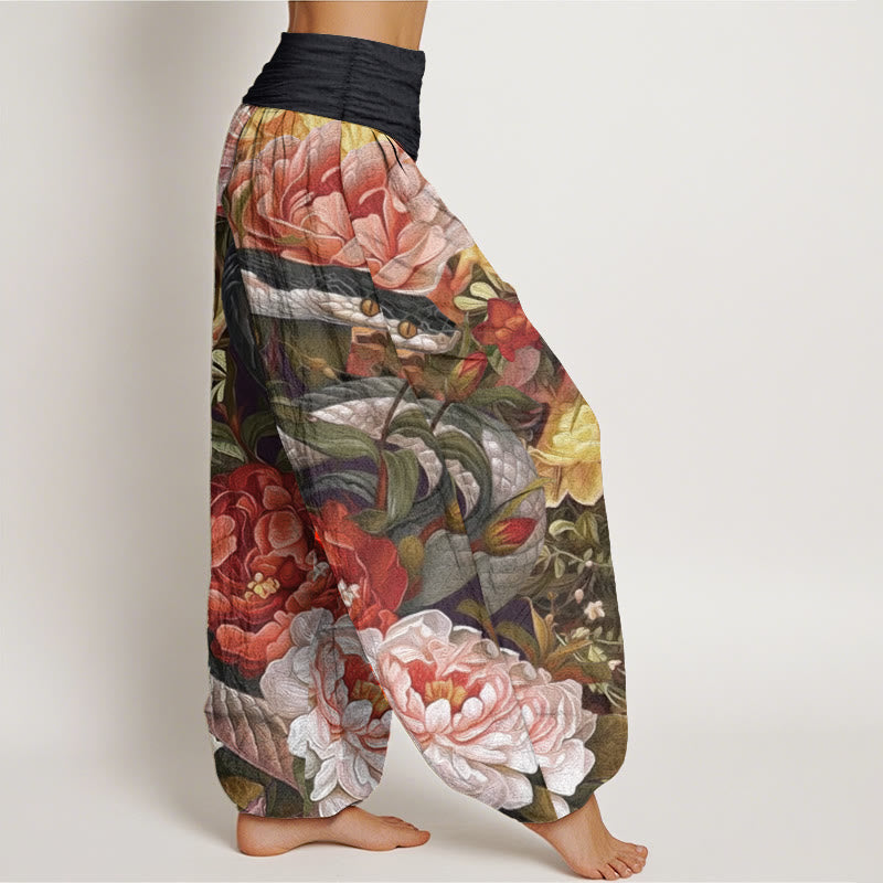 Pantalones harén de algodón puro con estampado de flores de peonía y serpiente para mujer, cintura elástica, con Buddha Stones