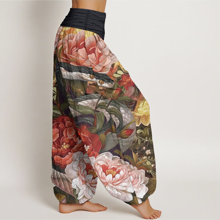 Pantalones harén de algodón puro con estampado de flores de peonía y serpiente para mujer, cintura elástica, con Buddha Stones