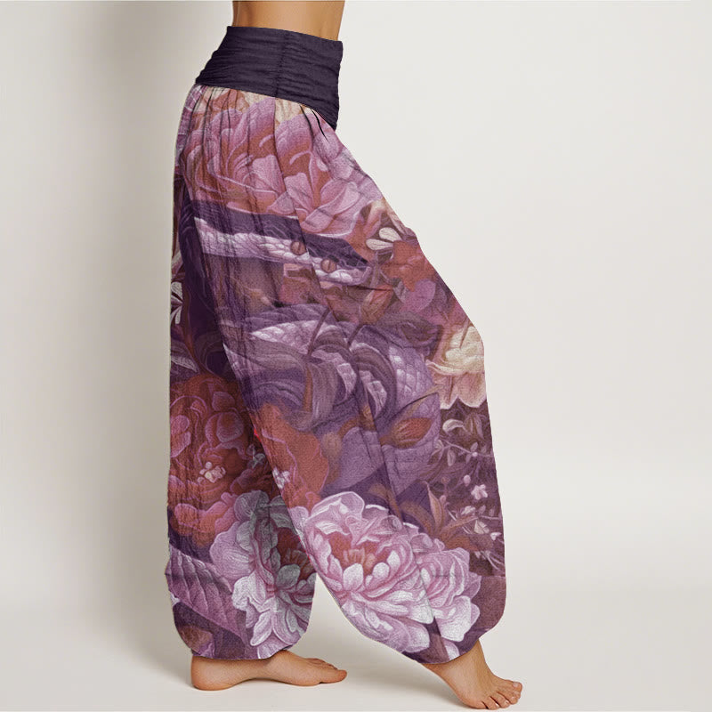 Pantalones harén de algodón puro con estampado de flores de peonía y serpiente para mujer, cintura elástica, con Buddha Stones