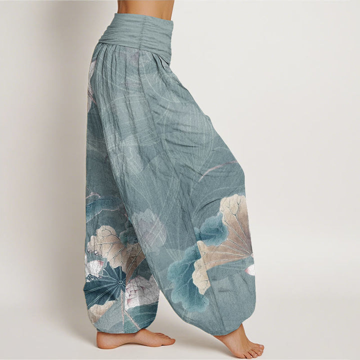 Pantalones harén de algodón puro con estampado de flores de loto y hojas de Buddha Stones para mujer, con cintura elástica