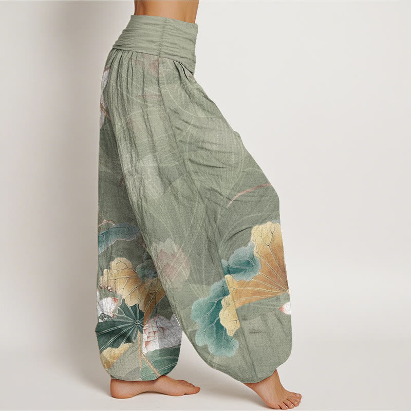 Pantalones harén de algodón puro con estampado de flores de loto y hojas de Buddha Stones para mujer, con cintura elástica