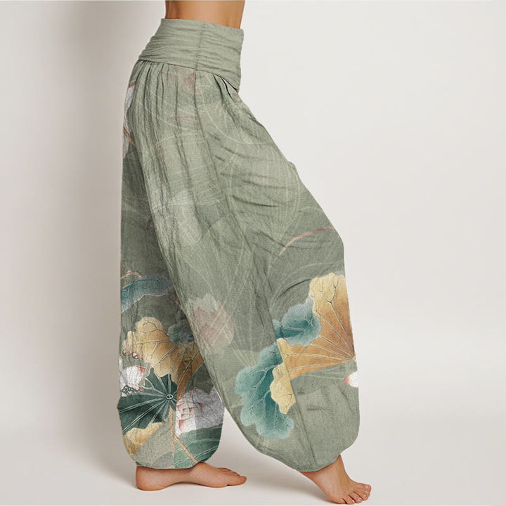 Pantalones harén de algodón puro con estampado de flores de loto y hojas de Buddha Stones para mujer, con cintura elástica
