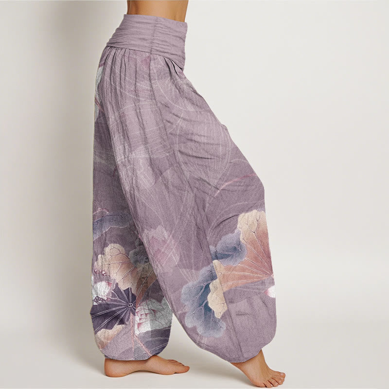 Pantalones harén de algodón puro con estampado de flores de loto y hojas de Buddha Stones para mujer, con cintura elástica