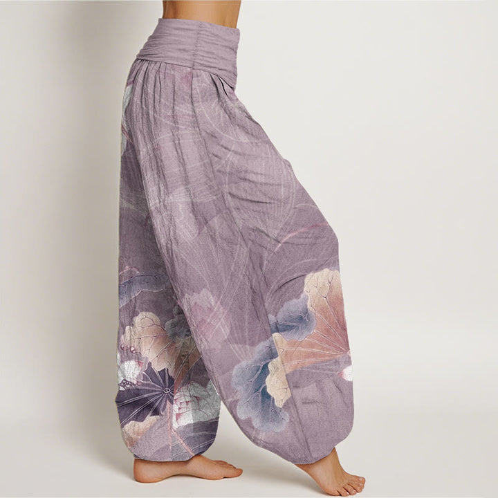 Pantalones harén de algodón puro con estampado de flores de loto y hojas de Buddha Stones para mujer, con cintura elástica