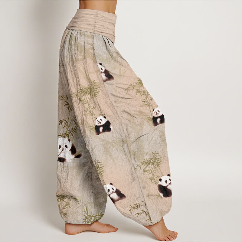Pantalones Buddha Stones de algodón puro con estampado de panda y bambú para mujer, con cintura elástica