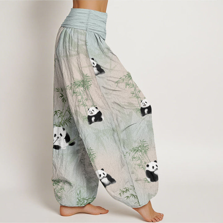 Pantalones Buddha Stones de algodón puro con estampado de panda y bambú para mujer, con cintura elástica