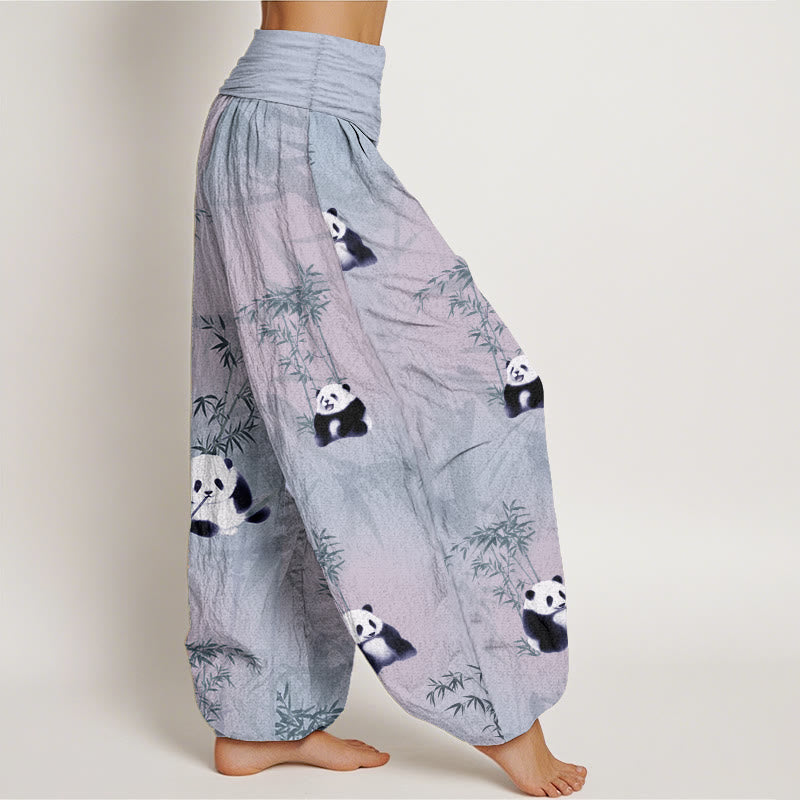 Pantalones Buddha Stones de algodón puro con estampado de panda y bambú para mujer, con cintura elástica