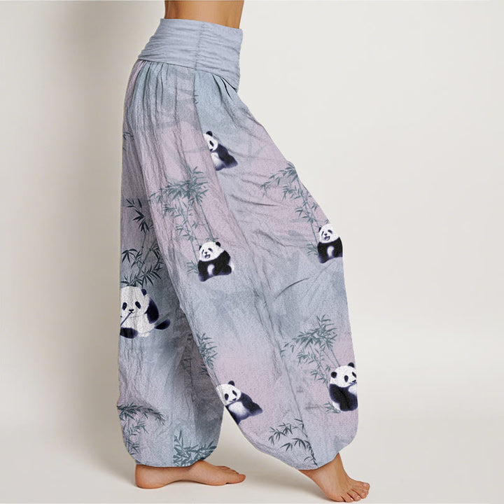Pantalones Buddha Stones de algodón puro con estampado de panda y bambú para mujer, con cintura elástica