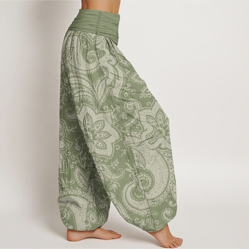 Pantalones harén de algodón puro con estampado de cachemira y flores de Buddha Stones para mujer, cintura elástica