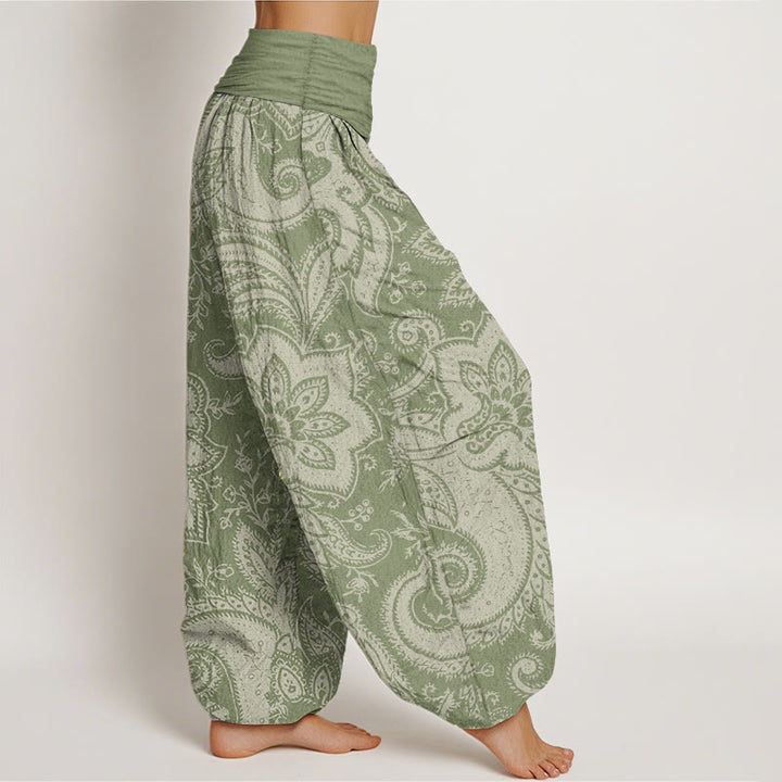 Pantalones harén de algodón puro con estampado de cachemira y flores de Buddha Stones para mujer, cintura elástica