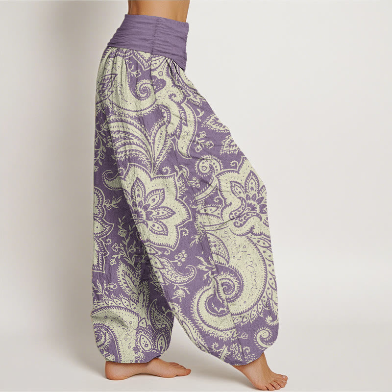 Pantalones harén de algodón puro con estampado de cachemira y flores de Buddha Stones para mujer, cintura elástica