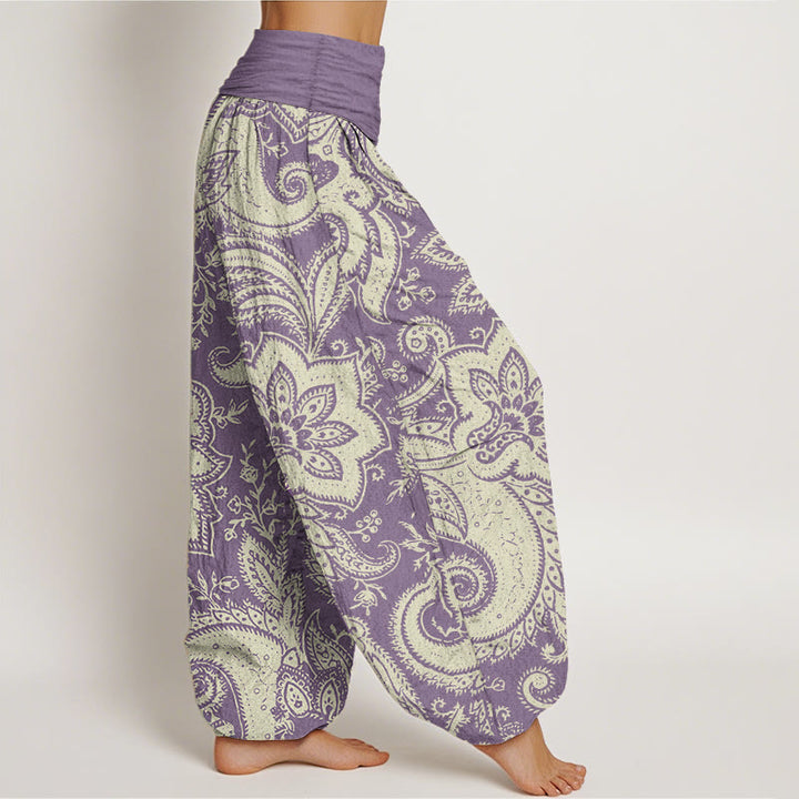 Pantalones harén de algodón puro con estampado de cachemira y flores de Buddha Stones para mujer, cintura elástica