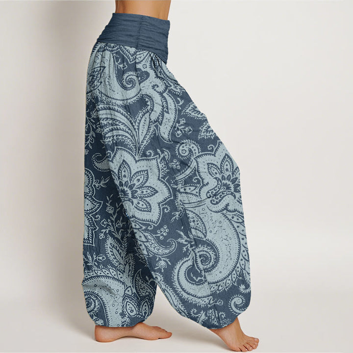 Pantalones harén de algodón puro con estampado de cachemira y flores de Buddha Stones para mujer, cintura elástica