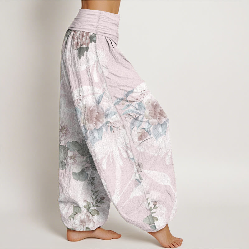 Pantalones harén de cintura elástica para mujer con diseño de flores de algodón puro y hojas blancas de Buddha Stones