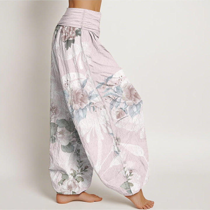 Pantalones harén de cintura elástica para mujer con diseño de flores de algodón puro y hojas blancas de Buddha Stones