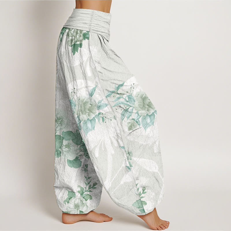 Pantalones harén de cintura elástica para mujer con diseño de flores de algodón puro y hojas blancas de Buddha Stones