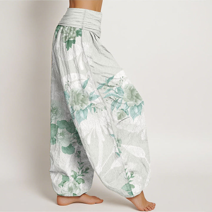 Pantalones harén de cintura elástica para mujer con diseño de flores de algodón puro y hojas blancas de Buddha Stones