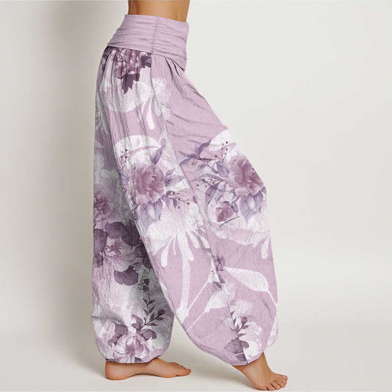 Pantalones harén de cintura elástica para mujer con diseño de flores de algodón puro y hojas blancas de Buddha Stones