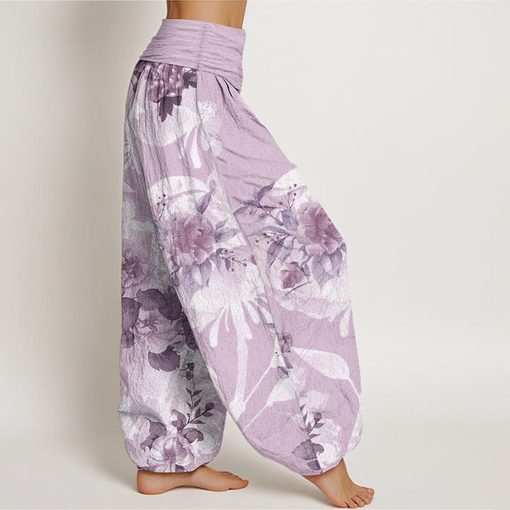 Pantalones harén de cintura elástica para mujer con diseño de flores de algodón puro y hojas blancas de Buddha Stones