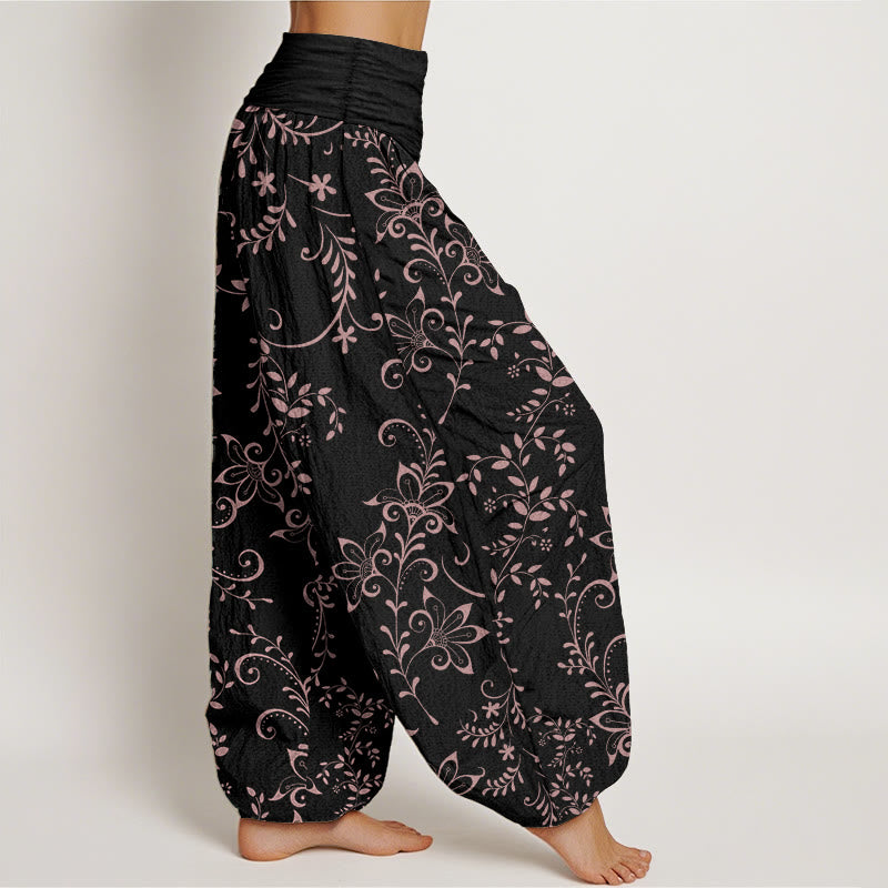 Pantalones Buddha Stones de algodón puro con diseño de flores y enredaderas para mujer, con cintura elástica