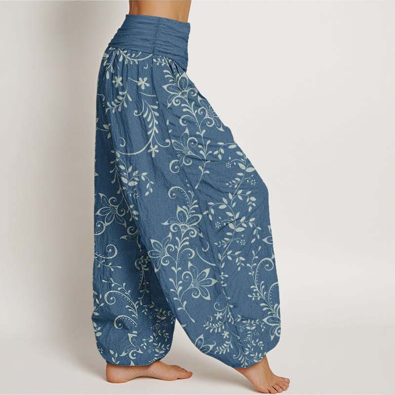 Pantalones Buddha Stones de algodón puro con diseño de flores y enredaderas para mujer, con cintura elástica