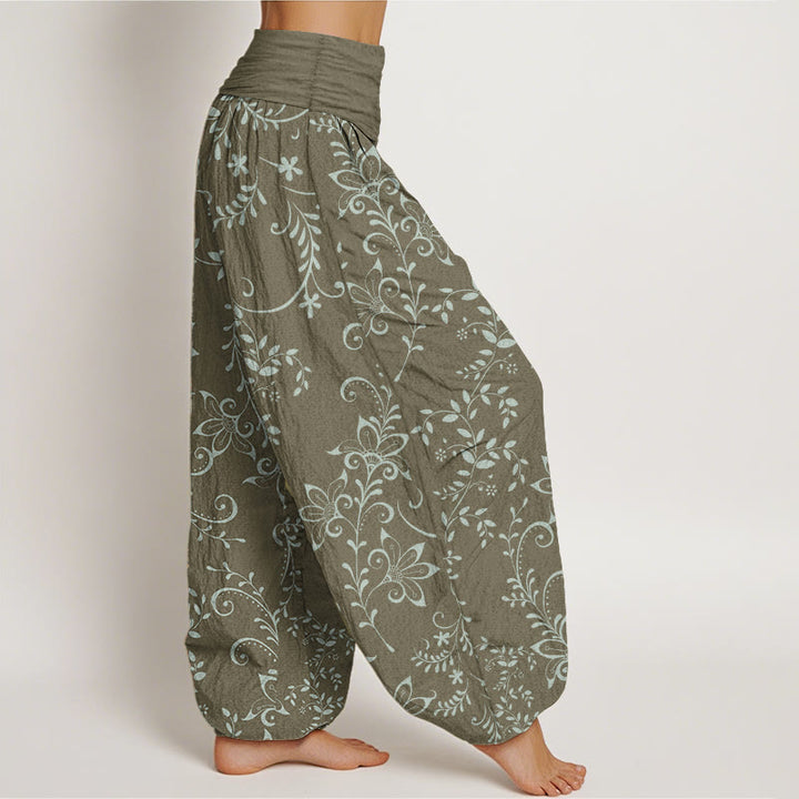 Pantalones Buddha Stones de algodón puro con diseño de flores y enredaderas para mujer, con cintura elástica
