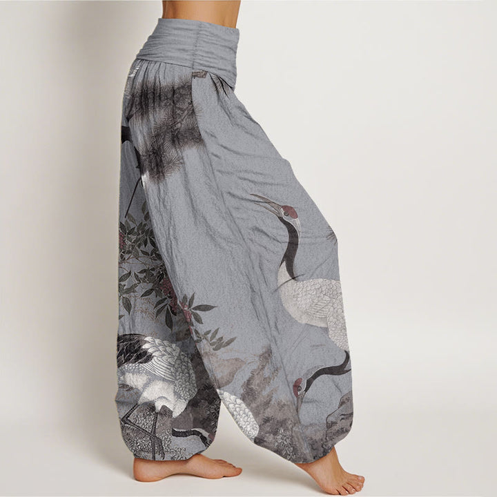 Pantalones harén de algodón puro con diseño de grulla de corona roja y pino para mujer, cintura elástica, estilo casual, Buddha Stones - image 10
