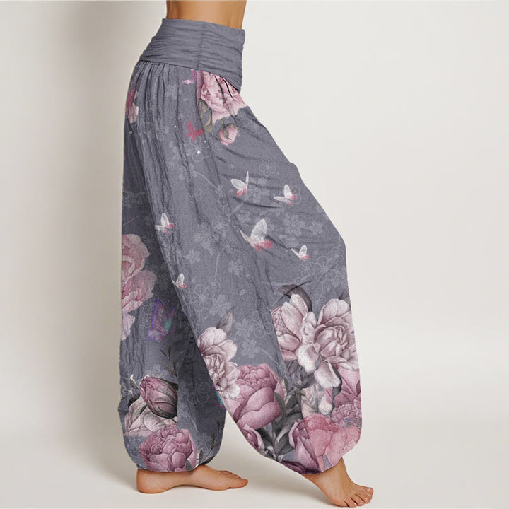 Pantalones Buddha Stones de algodón puro con diseño de peonías brillantes y mariposas para mujer, con cintura elástica