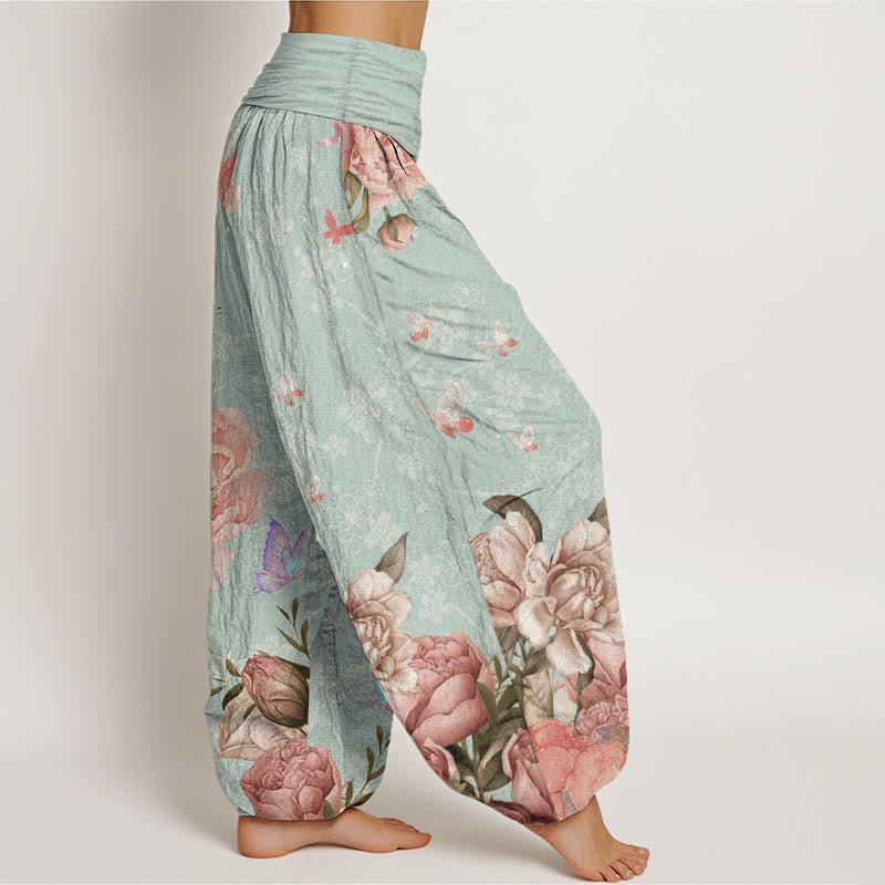 Pantalones Buddha Stones de algodón puro con diseño de peonías brillantes y mariposas para mujer, con cintura elástica