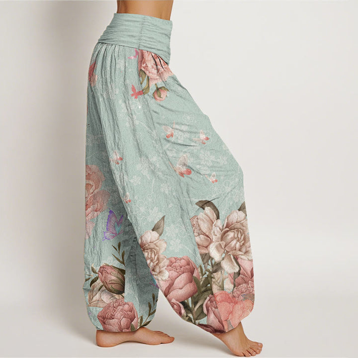 Pantalones Buddha Stones de algodón puro con diseño de peonías brillantes y mariposas para mujer, con cintura elástica