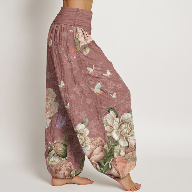 Pantalones Buddha Stones de algodón puro con diseño de peonías brillantes y mariposas para mujer, con cintura elástica
